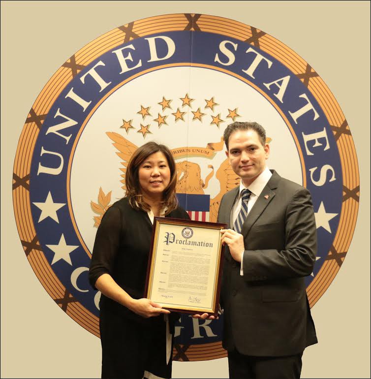 US Congresswoman Grace Meng Presenting Congressional Proclamation to South Asian Community Leader Dilip Chauhan declaring Nov 12th as “Dilip Chauhan Day” in the 6th Congressional District Photo Courtesy : Congressional Office