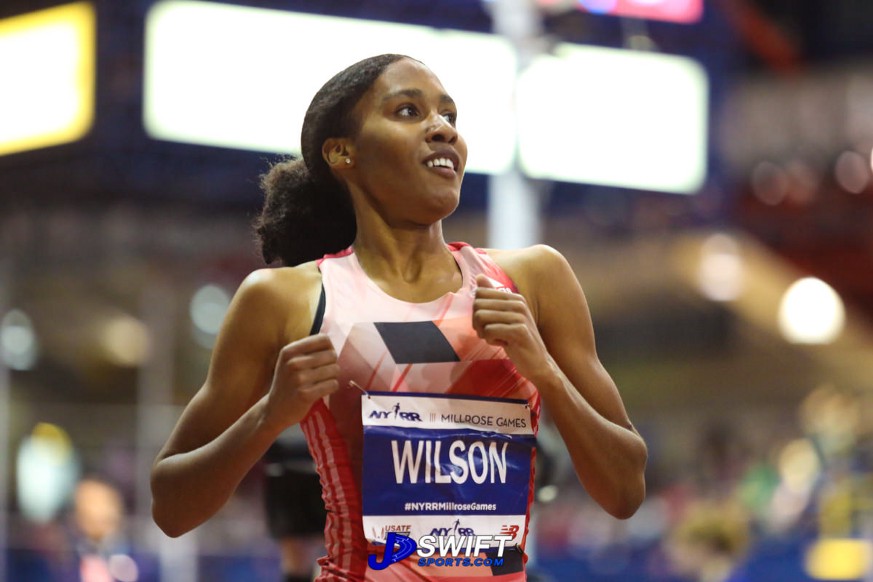 Ajee Wilson with a big smile as she crosses the finish line. Photo by: Joseph Swift 
