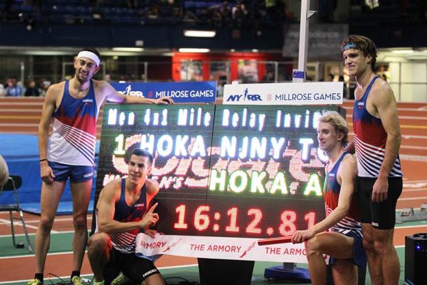 Left to right: Kyle Merber, Donn Cabral, Graham Crawford and Ford Palmer celebrate their world record. Photos by Myles Gaymon